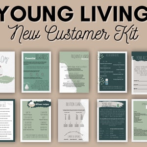 Könnte beinhalten: Eine Sammlung von Informationskarten für ein Young Living New Customer Kit. Die Karten enthalten Text und Grafiken zu Themen wie Essential Rewards, Rezepte und Kontoinformationen. Das Farbschema ist hauptsächlich Weiß, Grün und Grau.