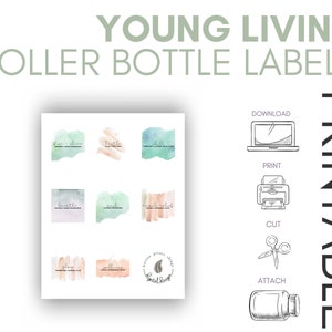 Op de afbeelding: Printbare Young Living rollerfleslabels met aquarelontwerpen in tinten groen, perzik en blauw. De labels bevatten tekst zoals "Rise + Shine", "Breathe" en "Glow". De afbeelding bevat ook instructies voor het afdrukken en bevestigen van de labels.