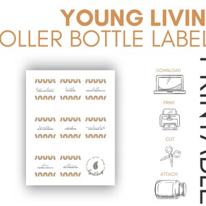 Może przedstawiać: Drukowane etykiety na butelki roll-on Young Living z tekstami takimi jak "Rise + Shine", "Breathe" i "Glow". Etykiety mają minimalistyczny design z motywem tęczy. Obraz zawiera również instrukcje dotyczące pobierania, drukowania, cięcia i mocowania.