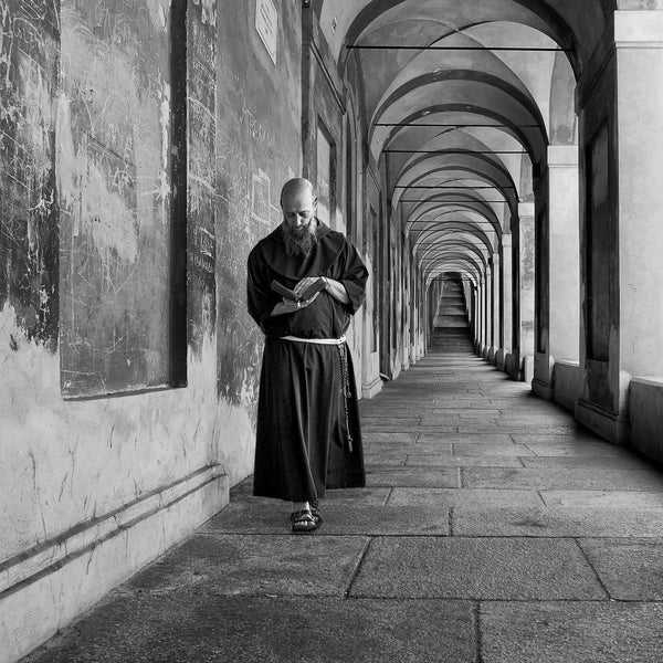 Italian wall art/ Italy/ Bologna/ Franciscan Monk/ Black & White Photography/ Italian Men/ Italian Street Scene/ Wall Art/ Portico/Urban