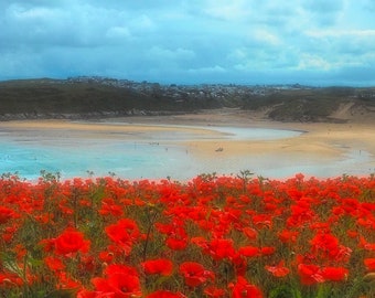 Cornish Poppy field/Cornish Coast/Poppy/Red/Wall Art/Digital Art/Cornwall/Flowers/Sea/Beach/Abstract/Photography/Landscapes/Sky/Clouds