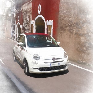 Italy/Neapolitan Riviera/Italian Village/Fiat 500/Cars/Vehicles/Red/White/Photography/Urban/Iconic Italian/Wall Art/Transportation/Sorrento