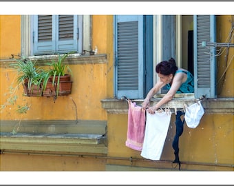 Italian Washing Line/Italy/Italian Photography/Wall Art/Prints/Street Photography/Urban/Architecture/Blue and Yellow/ Window Shutters/Rome