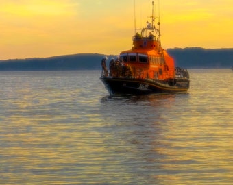 Coming Home Life Boat/ RNLI/ Life Boat/ Cornwall/ Cornish coast/ Sunset/ Seascape/Orange/Blue/Volunteers/Maritime/Boats/Sailing/ Photography