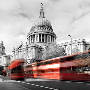 London Buses St Pauls Cathedral/ Black and White/Red/ Transportation/ architecture / London/ Digital Wall Art/ Domes/ Creative Photography