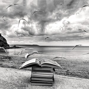 May include: Black and white photograph of a stack of books on a beach with an open book on top. Flying birds and a cloudy sky are in the background. The open book appears to be blowing in the wind.