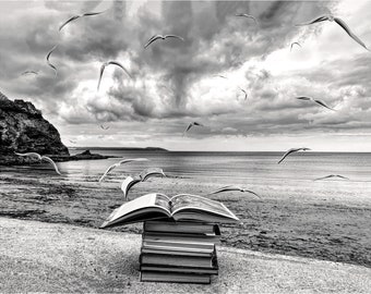 Spreading The Words/Books/Reader/Creative photography/Digital Art/Wall art/Black & White/Cornish Coast/Coastal Scene/Bookworm/Monochrome