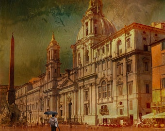 Piazza Navona/Rome/ Rain/ Italy/ Bronze/Wall Art/ Digital Art/ Urban/ Roma/ Woman/ Umbrella/ Architecture/ Street Scene/Fine art/Italian.