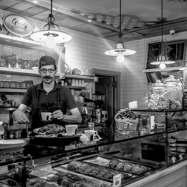 Italian Cafe Man Moustache/ Rome/ Italy/ Black & White Photography/ Coffee Culture/ Moustache/ Street Photography/ Digital Art/ Wall Art