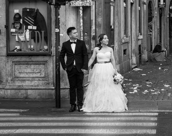 Waiting to cross together/Italian Street Scene/Italy/black and white/Just Married/Wedding Day/Italian Photo/Love/urban/architecture/Rome