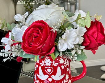 Small Centerpiece, Red Faux Roses, Silk Cabbage Roses, Artificial Rose Vase, Gift For Her, Gift For Mom, Red and White Roses In A Mug Vase