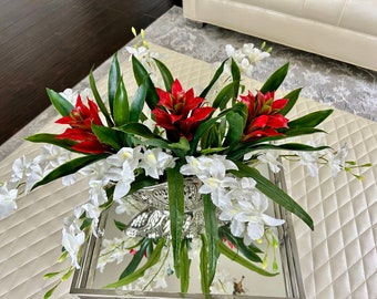 Bromeliad, Dendrobium Orchid Faux Flowers Arrangement, Artificial Tropical Flower Arrangement, Natural Look Faux Flowers With A Vase