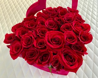 Local Pick Up/Delivery Santee Fresh Flowers Elegant Heart Shape Box, Red Roses For Anniversary, Wedding, Birthday, Romance, Valentine's Day