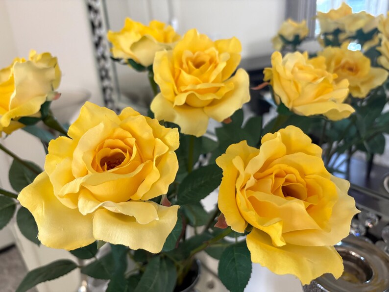 Yellow Roses Multipetals Yellow Faux Rose Stem 23”, Realistic Artificial Roses, Natural Look ...
