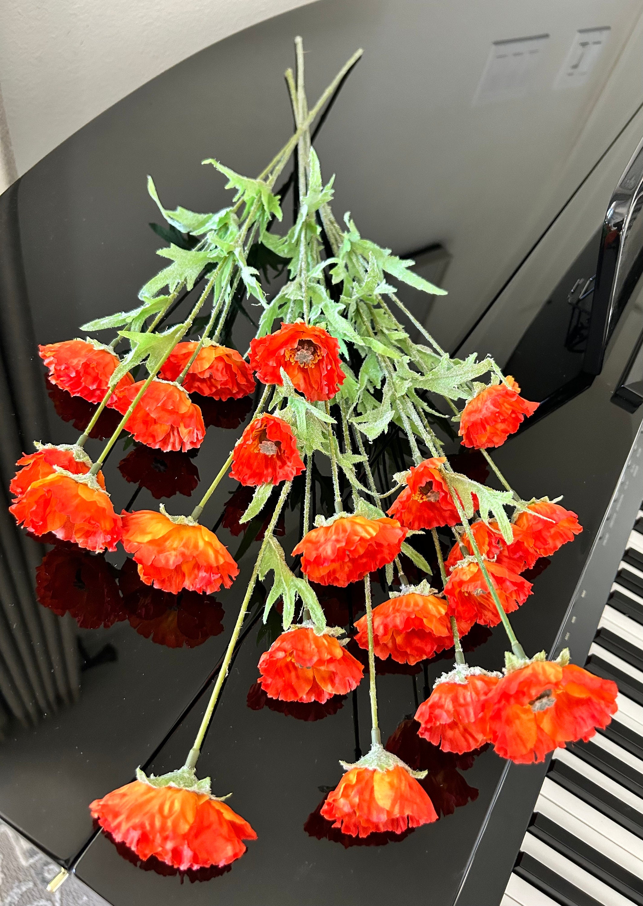Orange Faux Poppy Spray: Realistic Meadow Flowers, Artificial