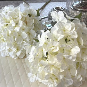 May include: Two bouquets of white hydrangea flowers with green stems. The flowers are clustered together, creating a full, lush appearance. The background includes decorative items, suggesting a home decor theme.