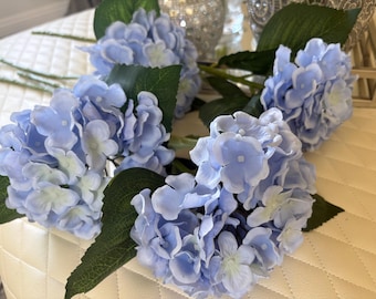 Light Blue Hydrangea Faux Flower Stem, Artificial Floral Decor, Quality Silk Blooms