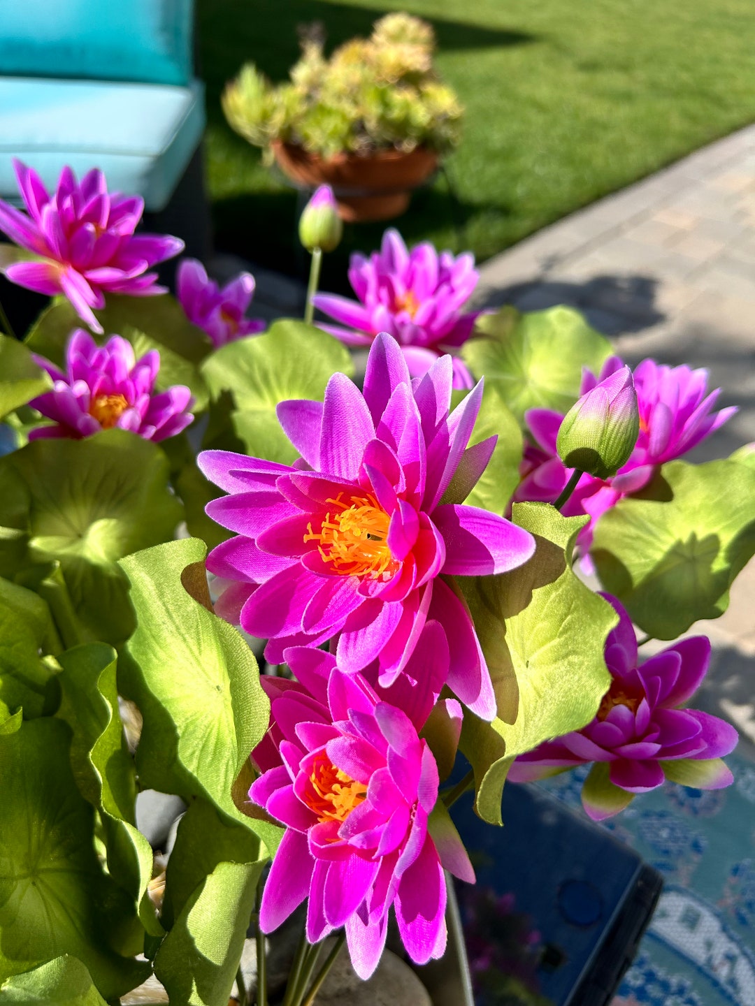 Purple Waterlily Faux Flower Plant With Roots, Artificial Lotus Flower