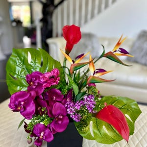 Tropical Faux Flower Arrangement, High-Quality Orchids, Birds of Paradise, Lily Centerpiece, Realistic Tropical Flower Table Centerpiece