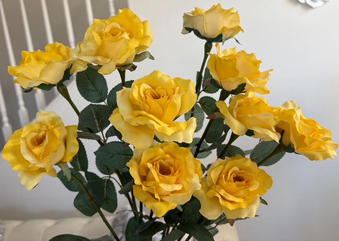 Yellow Realistic Roses Yellow Faux Rose Stem 23”, Realistic Artificial Roses, Natural Look ...