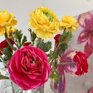 Yellow Ranunculus Faux Stem, Hot Pink Quality Ranunculus Artificial Flowers, Silk Flowers, Realistic Faux Ranunculus, Real Look Ranunculus