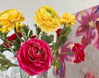 Pink, Yellow Faux Ranunculus Stem, Realistic Silk Flower Decor, Hot Pink Buttercup Artificial Blooms