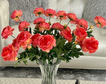 Faux Orange Ranunculus Spray, Artificial Coral Buttercup Flowers, Realistic Silk Floral Decor, Amber, Apricot