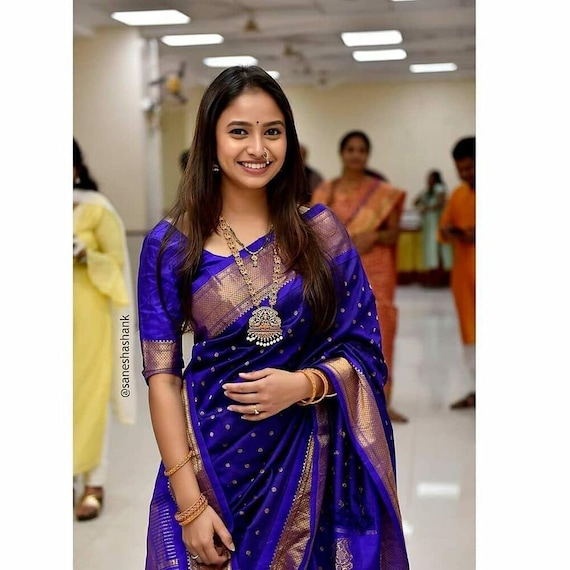 Blue Colour Beautiful Saree,Wedding Wear Kanchipuram Silk Saree, Banarasi Silk Saree,Brids Look Saree with Weaving Work,Stunning Look Saree