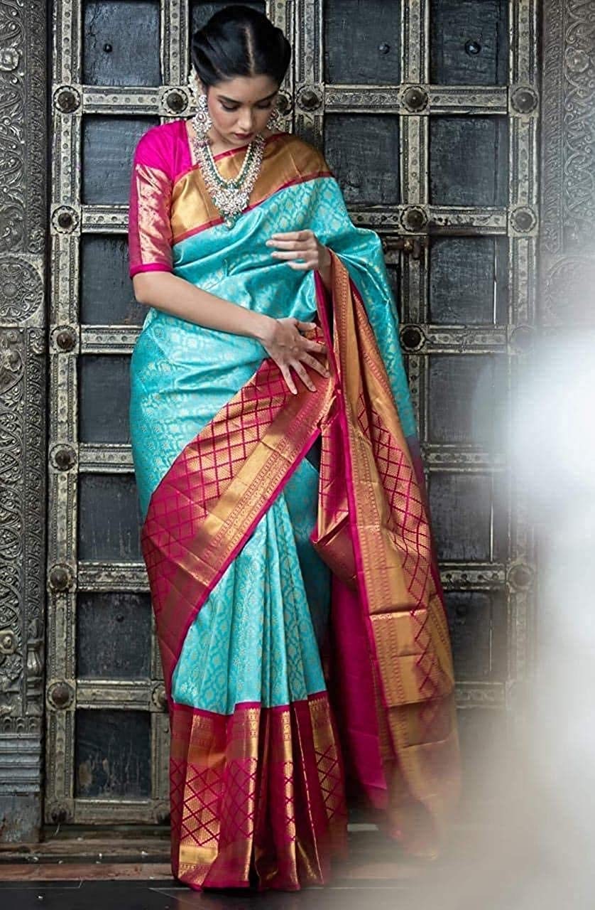 Peach Banarasi Soft Lichi Silk Saree With Zari Weaving, Designer