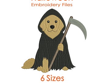 Grim Reaper Golden Retriever Embroidery Design for Halloween Machine Embroidery - 6 Sizes