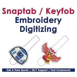 Snap Tab Digitizing, Eyelet Key Fob Digitizing, Embroidery Digitizing Service for Name Tag, Travel Bag Tag, Applique Snap Tab, Cartoon Tabs