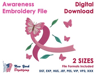 Butterfly Embroidery Design, Breast Cancer Ribbon Embroidery Design, Cancer Butterfly Machine Embroidery, Awareness Ribbon Embroidery Design