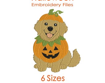 Pumpkin Golden Retriever Embroidery Design for Halloween Machine Embroidery - 6 Sizes