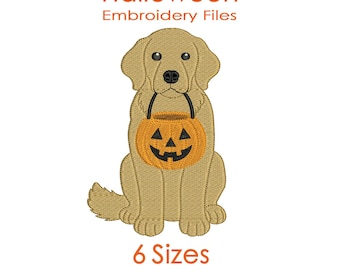 Trick or Treat Golden Retriever Embroidery Design for Halloween Machine Embroidery - 6 Sizes