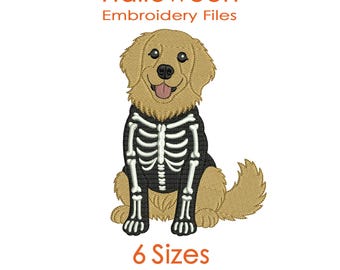 Skeleton Golden Retriever Embroidery Design for Halloween Machine Embroidery - 6 Sizes