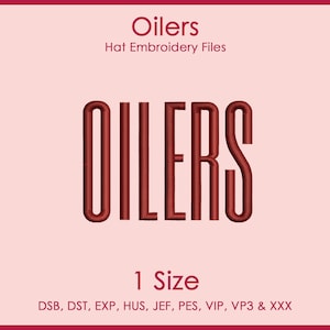 以下が含まれることがあります： 高い位置にある濃い赤色のサンセリフフォントで「OILERS」という単語がデザインされたデジタル刺繍ファイル。テキストは薄いピンク色の背景の中央に配置されています。テキストには「Oilers Hat Embroidery Files」、「1 Size」、およびファイル形式が含まれています。