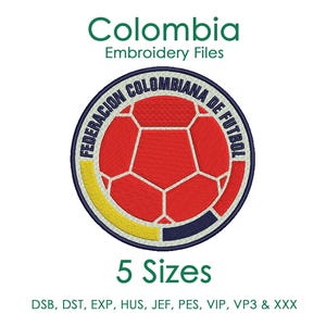 May include: A circular embroidery design featuring a red soccer ball pattern with white lines, surrounded by a border with the text FEDERACION COLOMBIANA DE FUTBOL, yellow, blue, and red segments, with Colombia Embroidery Files and 5 Sizes text.