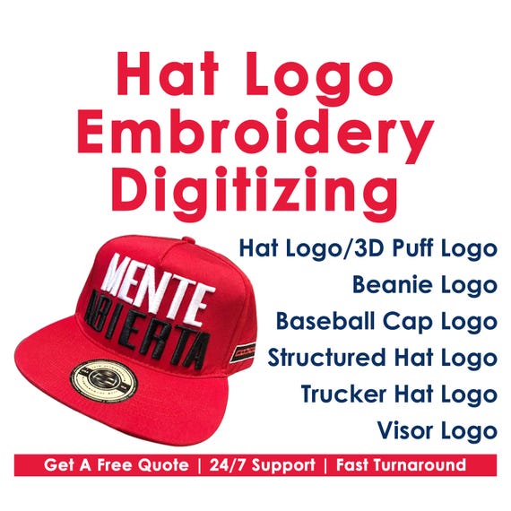 Embroidery Digitizing Services, Hat Logo Embroidery Digitizing, 3D Puff Hat Logo Digitizing, Custom Hat Cap Logo Embroidery Digitizing