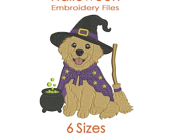 Witch Golden Retriever Embroidery Design for Halloween Machine Embroidery - 6 Sizes