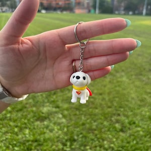 May include: A white dog keyring with a yellow collar and a red cape. The dog has black eyes and a yellow emblem on its chest. The keyring is attached to a silver ring and chain. The background is a green field.