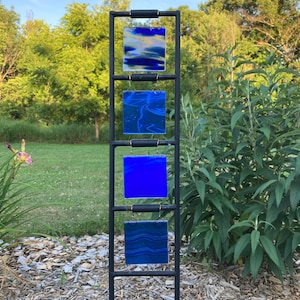 Hanging Tiles Garden Stake-Blue & White-Fused Glass