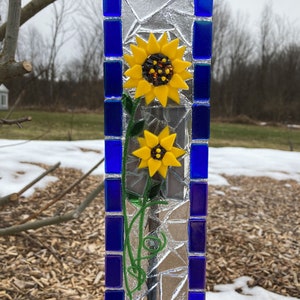 Sunflower with Blue Border Garden Stake-Fused Glass