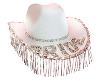 Bride Rhinestone Fringe Cowboy Hat | Nashville Bachelorette Party Accessory | White Bridal Gift | Bach Party Gifts | Bride Cowgirl Hat