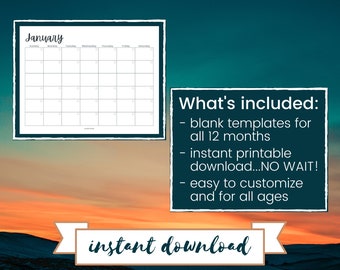 Monthly Calendar | 8.5x11 | LANDSCAPE | January - December | INSTANT Printable Download