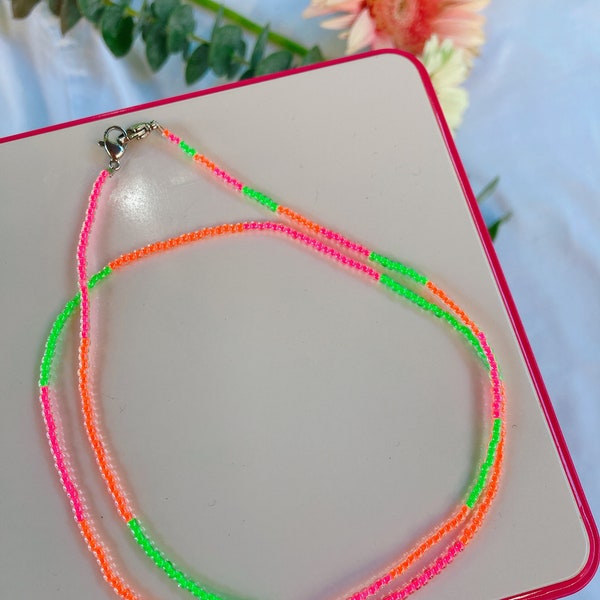 Neon Pink + Neon Orange + Neon Green Beaded Mask Necklace Chain