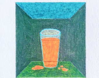 Dibujo pequeño original: jugo de naranja de aislamiento, recién exprimido