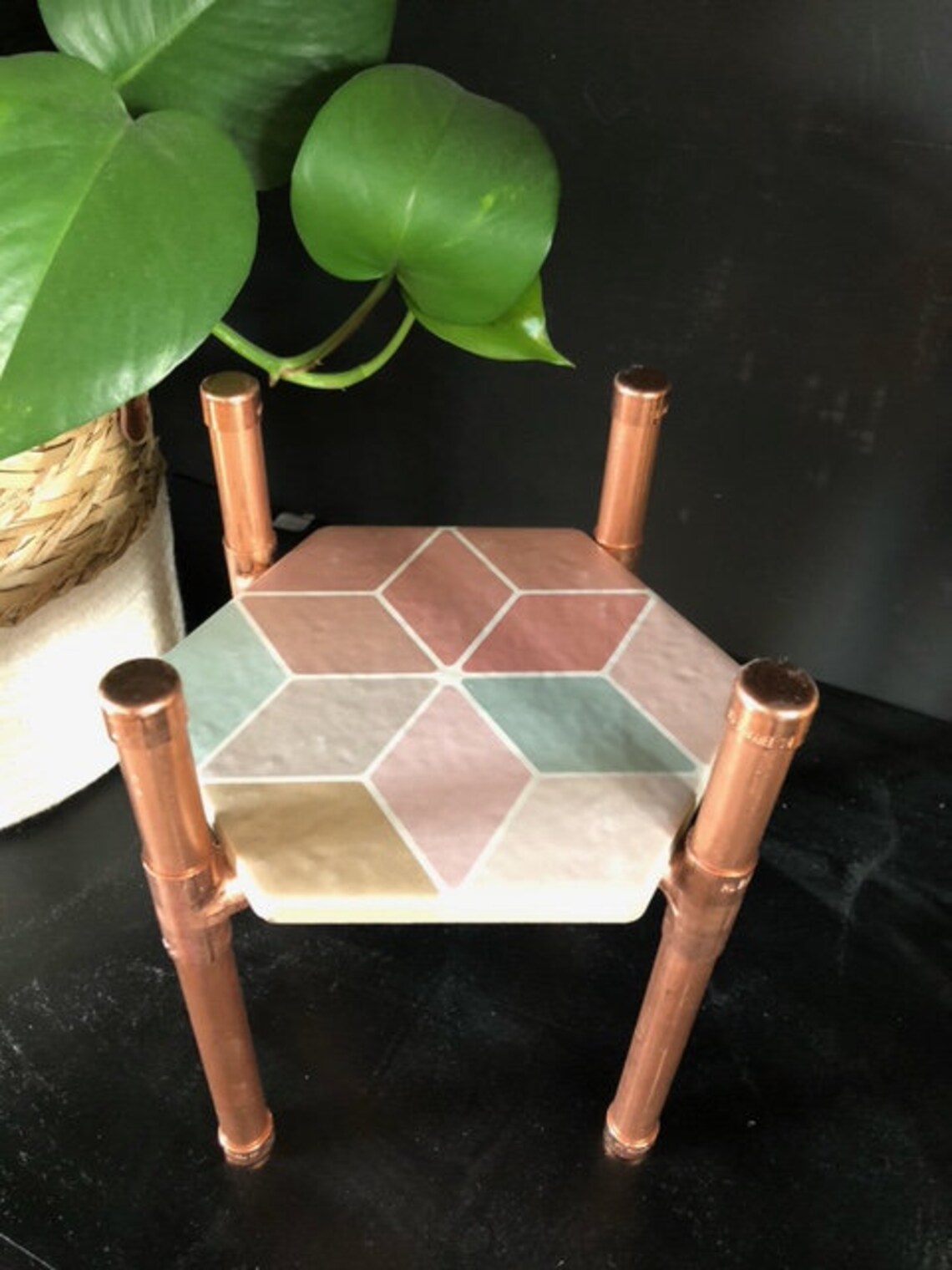 Copper Pipe Plant Stand With Pink Geometric Tile Etsy UK