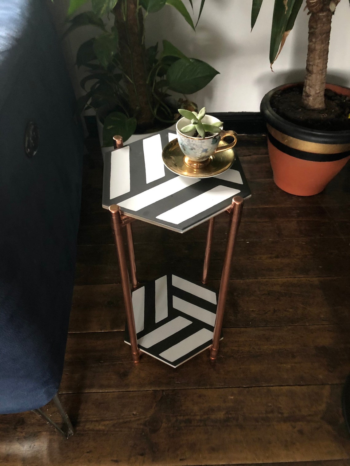 Copper Pipe End Table With Black and White Tile Top/ Plant Etsy UK