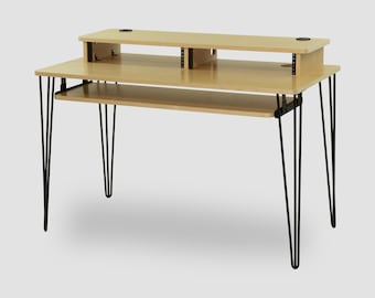 Wood Recording Studio Desk with Rack Bays | Birch | Hairpin Legs | Made in California