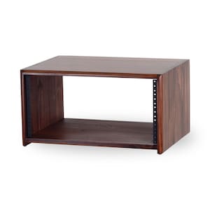 May include: A dark brown wooden audio rack with a rectangular shape. The rack has a top, bottom, and two side panels. The sides have black metal strips with evenly spaced holes for mounting equipment. The rack is approximately 18 inches wide.